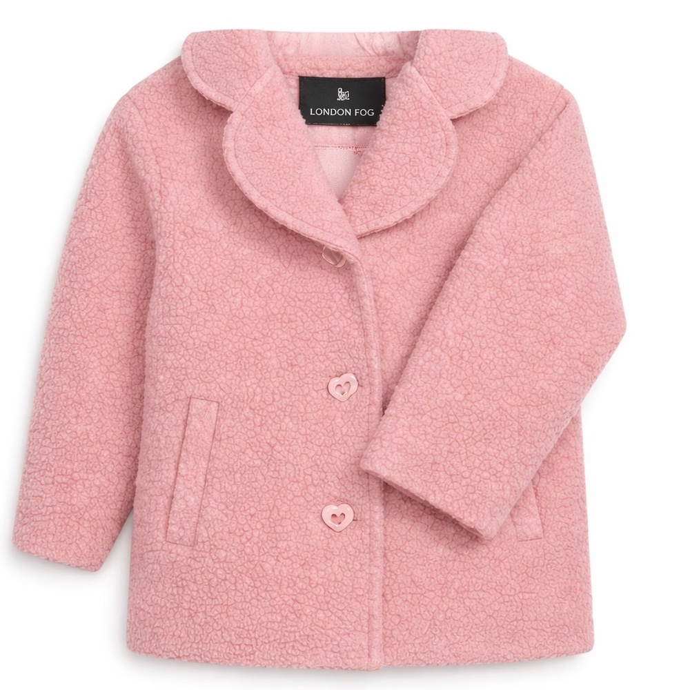 London Fog NWT Girls Coat Blush Pink Teddy 6/6X Silky Lined Heart Buttons